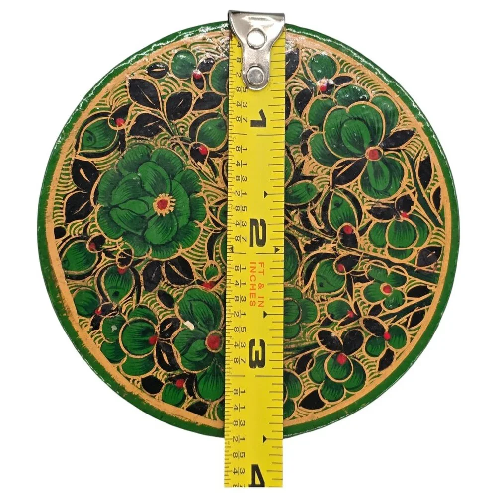 Paper Mache Green Floral Coaster Set Of 6 Storage Box Lacquered‎ Hand Painted